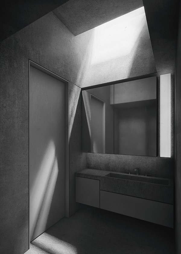 View towards bathroom. The indirect upper opening illuminates the room, studio substrata, Reinis Salins, Igors Malovickis