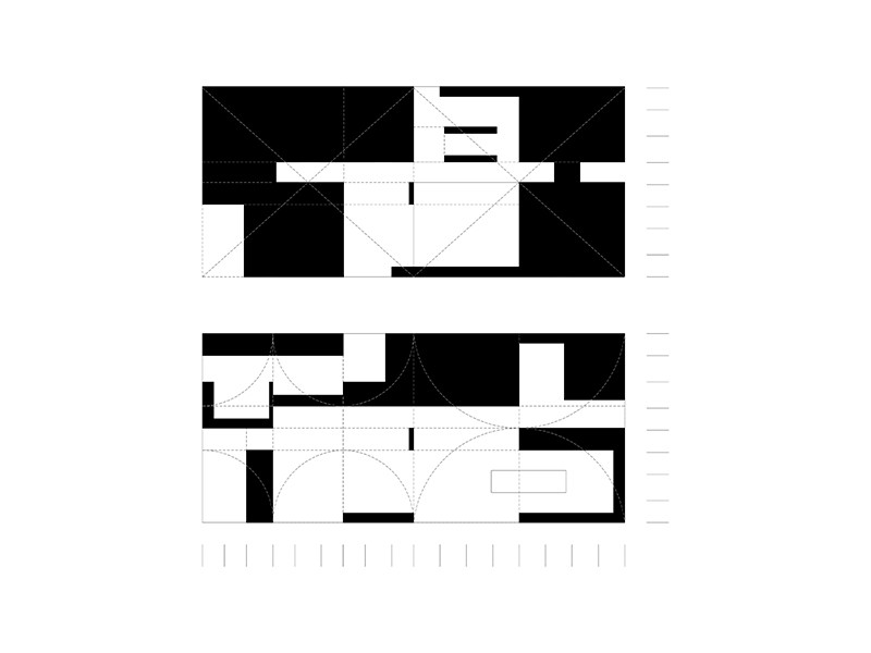 Diagram of the compositional and programmatic organization of the U+25E8 residence, studio substrata, Reinis Salins, Igors Malovickis