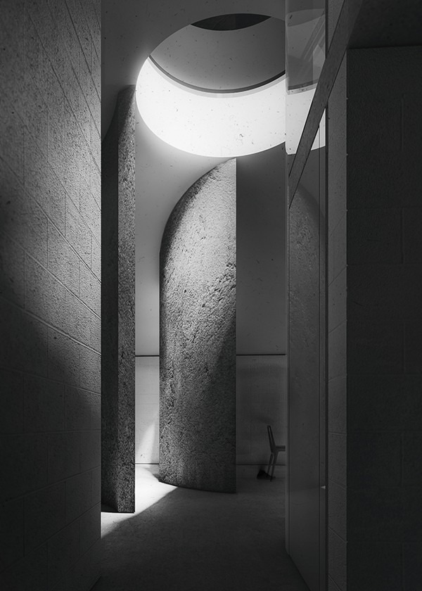 View towards the the living spaces with the upper aperture illuminating the space, studio substrata, Reinis Salins, Igors Malovickis