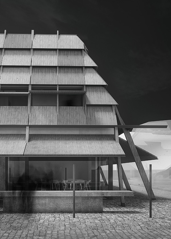 Front view of the elevation from Mazais Balasta dambis with the restaurant extending towards the street, studio substrata, Reinis Salins, Igors Malovickis