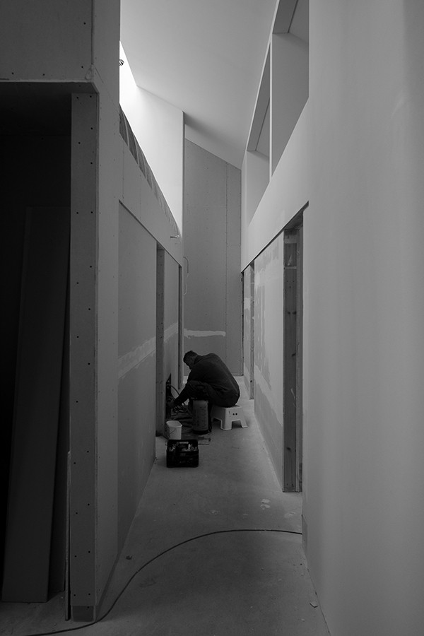 Progress report - view towards the hallway with core on the left side and bedrooms on the right side, studio substrata, Reinis Salins, Igors Malovickis