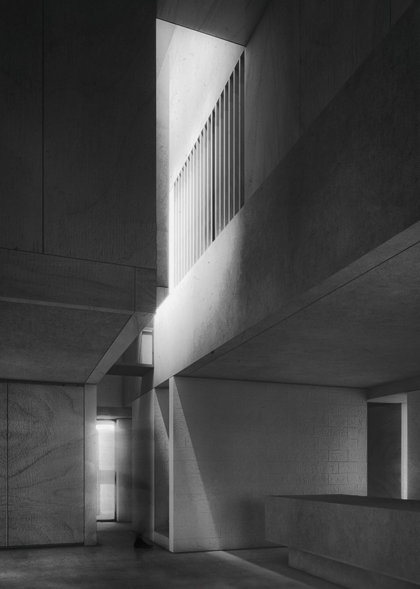 Interior view from the living area towards the spatial separator and the upper indirect lighting, studio substrata, Reinis Salins, Igors Malovickis