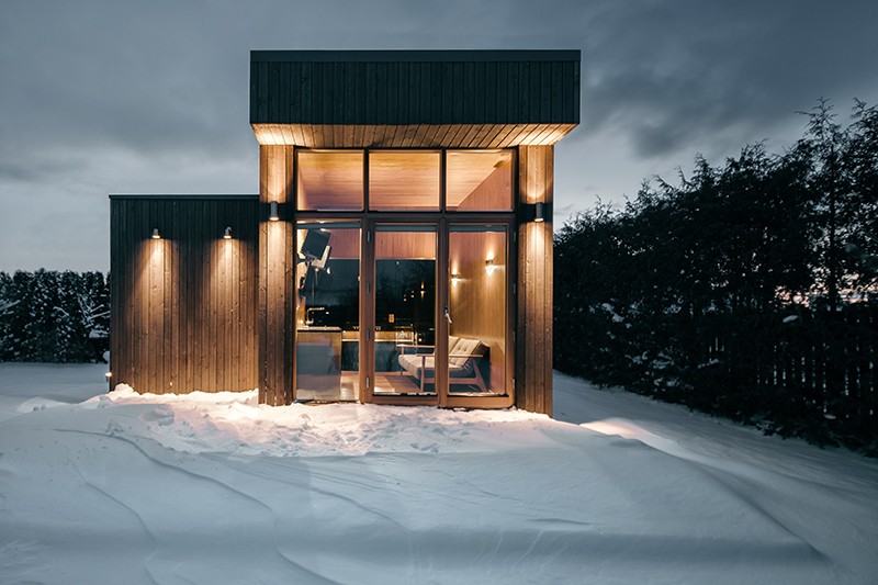 Exterior view towards the entrance of the sauna, studio substrata, Reinis Salins, Igors Malovickis