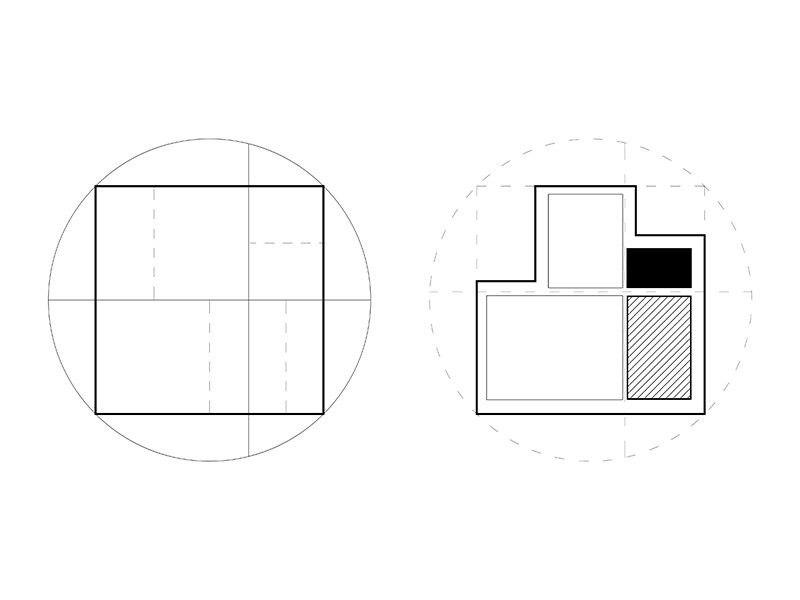 Diagram of compositional and programmatic organization of the viba's sauna, studio substrata, Reinis Salins, Igors Malovickis