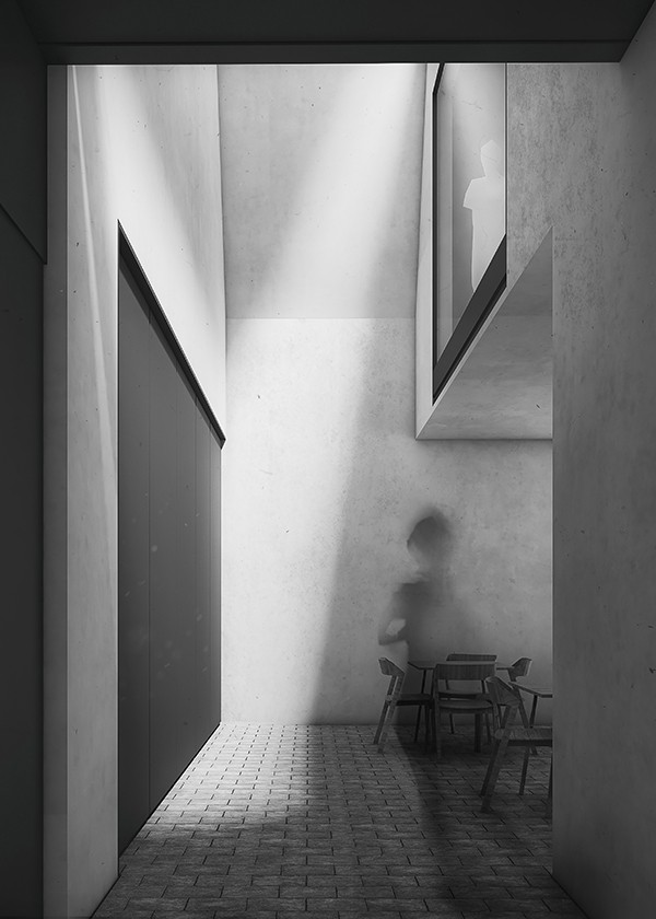 Interior view of the space in between blocks towards the restaurant, studio substrata, Reinis Salins, Igors Malovickis