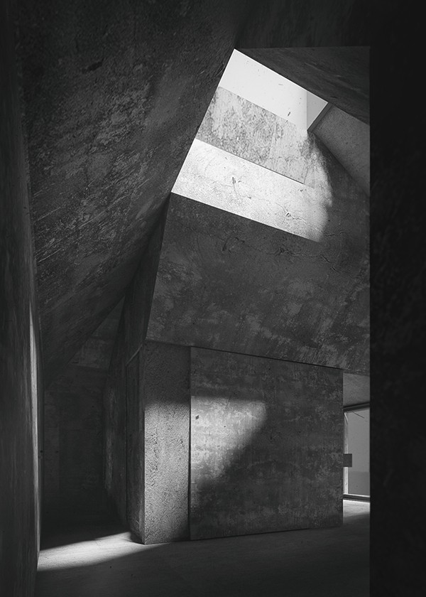 View towards the central core area which is illuminated by the central aperture, a light beam is reaching towards the hallway, studio substrata, Reinis Salins, Igors Malovickis